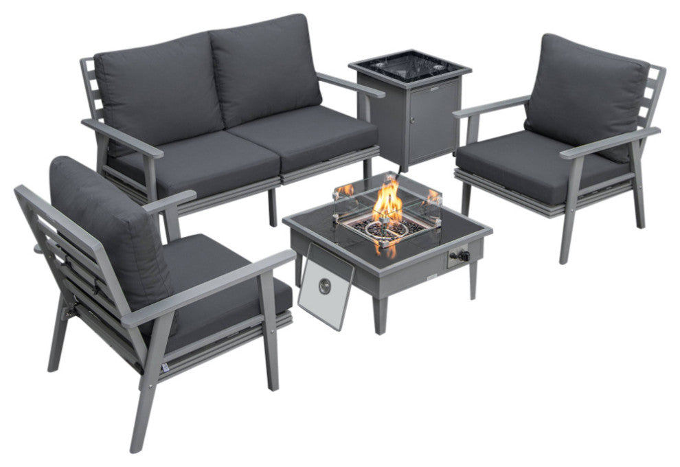 LeisureMod Walbrooke Gray Patio Conversation Set With Fire Pit, Charcoal