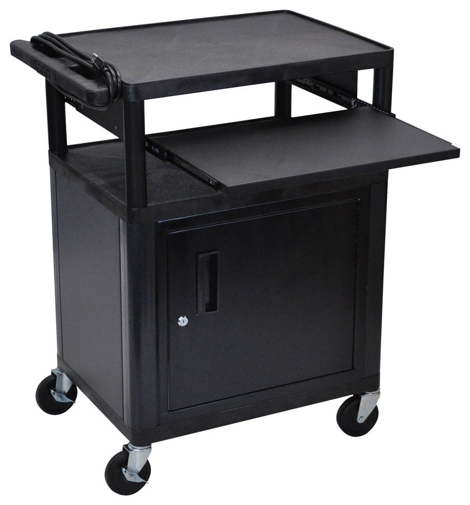 Luxor Endura Black 3-Shelf Presentation Cart With Cabinet and Pullout Shelf, 34"