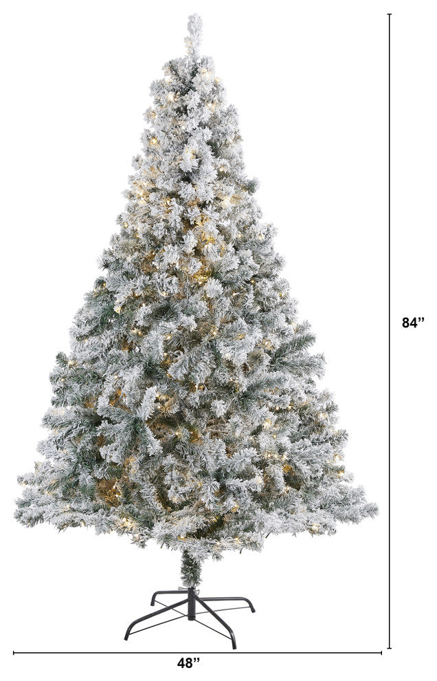 7' Flocked Rock Springs Spruce Faux Xmas Tree W/ Lights & Bendable Branches