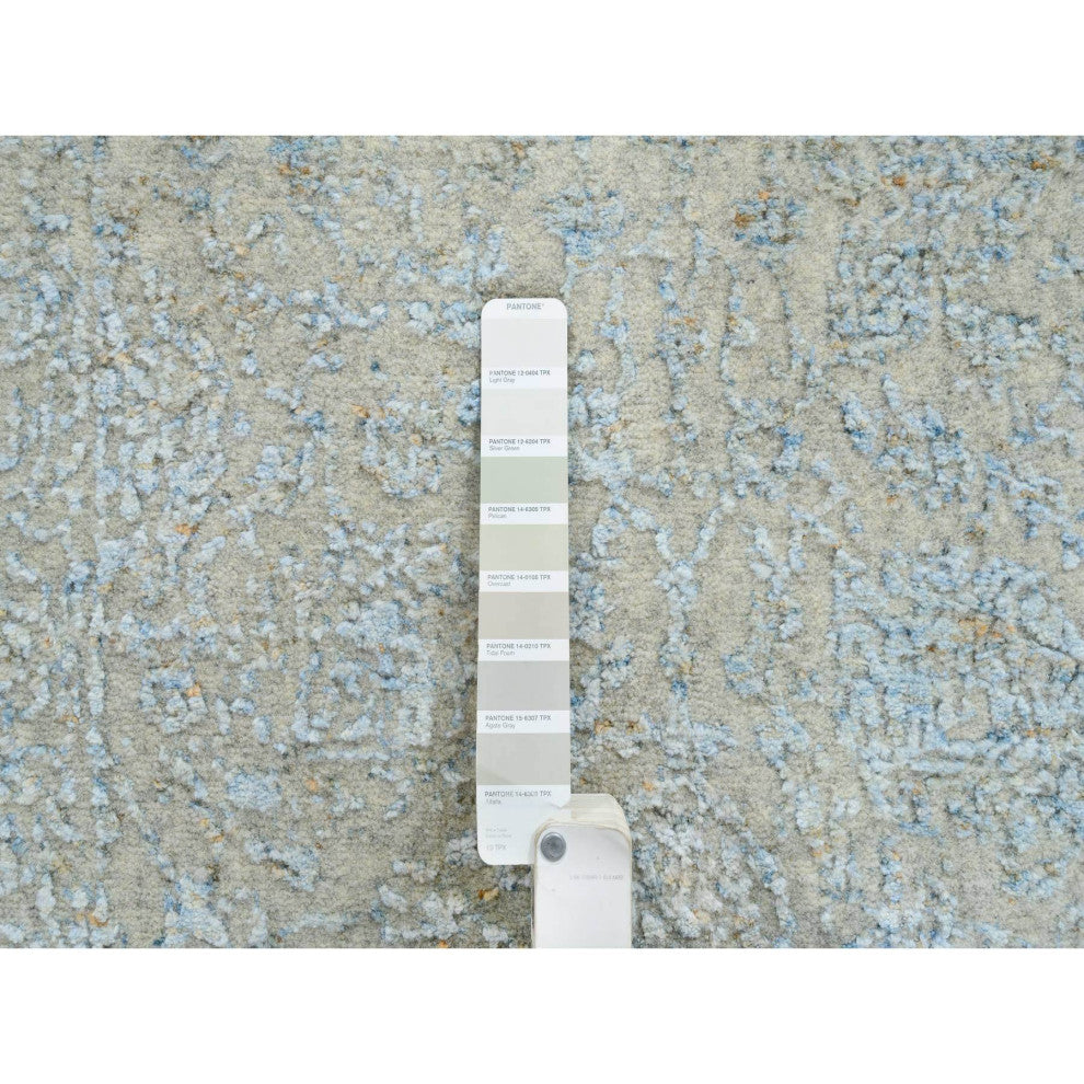 Gray, Tabriz Design, Wool and Silk Jacquard Hand Loomed Runner Rug, 2'7"x12'0"
