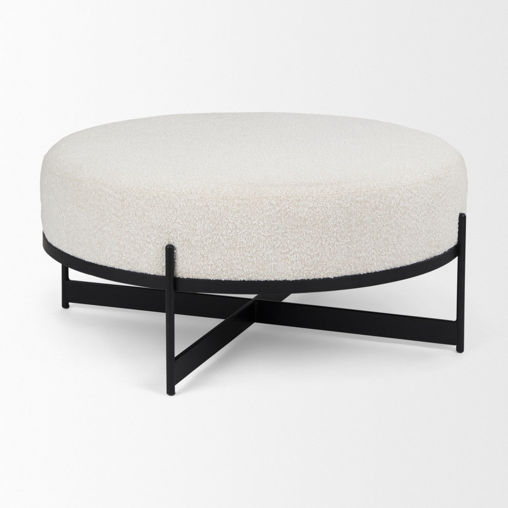 Amelia Cream Boucle With Black Metal Frame Round Ottoman
