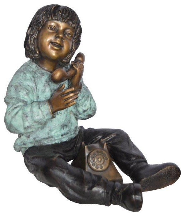 Young Child With an Old Telephone Bronze Statue -  Size: 21"L x 14"W x 19"H.