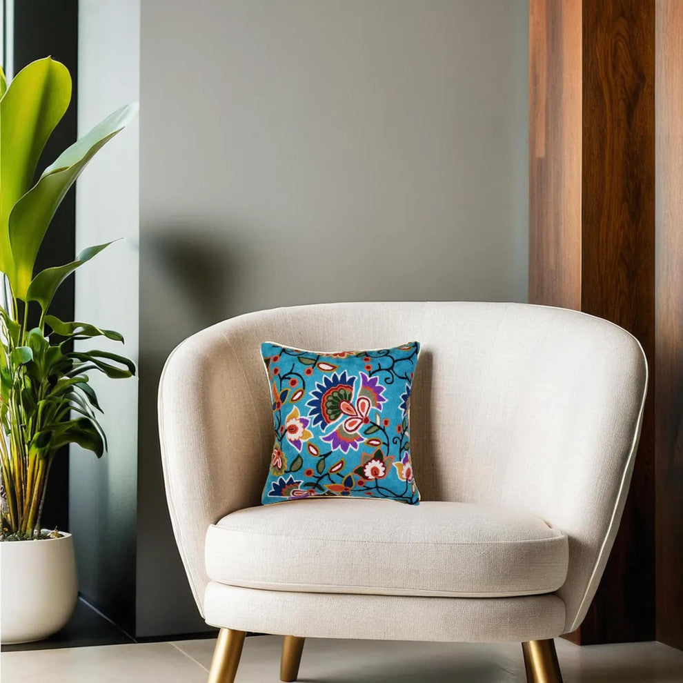 Turquoise Floral Pillow Cover Hand Embroidered Modern Design Wool 18x18