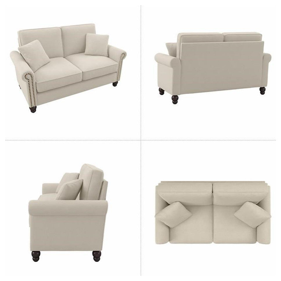 Coventry 61W Small Living Room Loveseat in Cream Herringbone Fabric