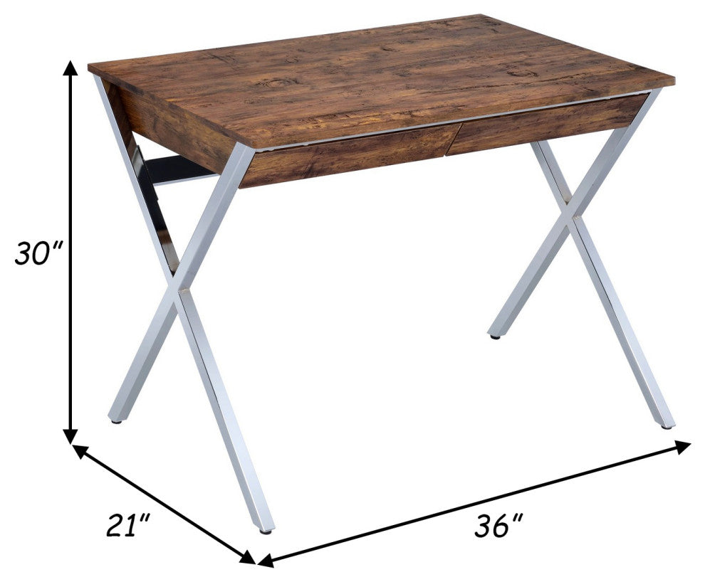 Benzara BM280281 36" Office Desk, 2 Drawers, X Shape Frame, Wood, Oak, Chrome