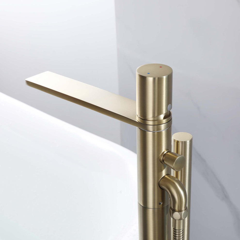 Floor Mounted Tub Spout With Handshower, Brushed Gold
