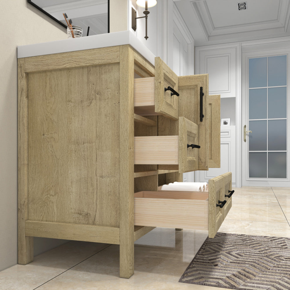 VIV 36" Solid Wood Freestanding Bathroom Vanity, Left Side Drawers, Oak