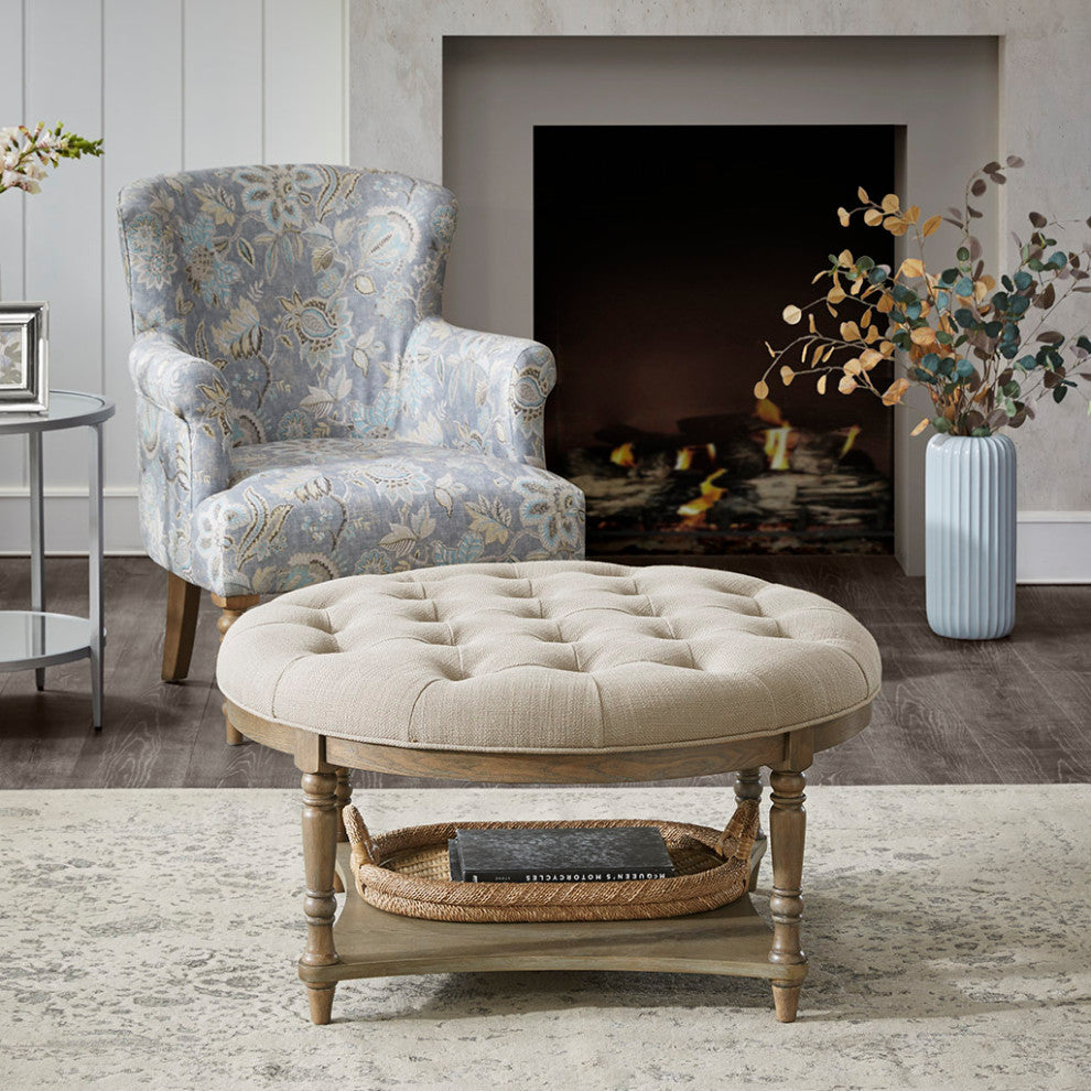 Martha Stewart Country Style Round Ottoman With Bottom Shelf, Cream