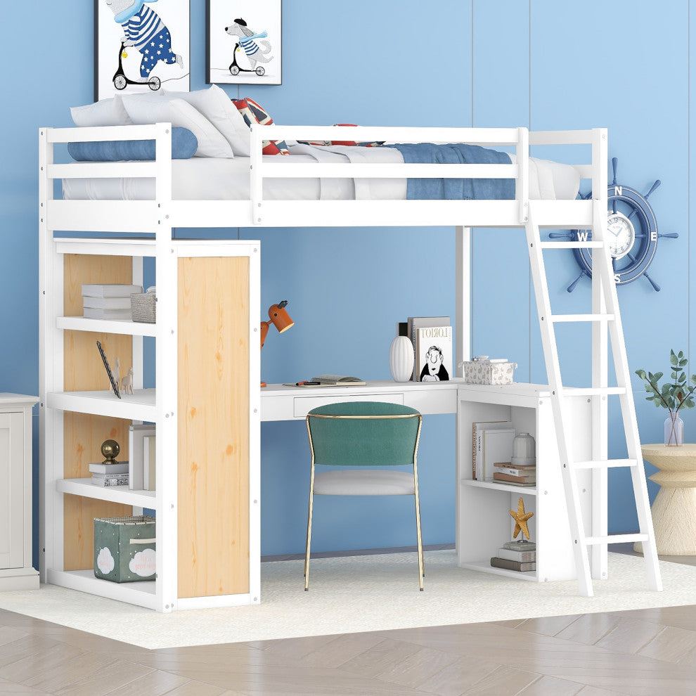 Gewnee Wood Twin Size Loft Bed with Ladder and Desk in White