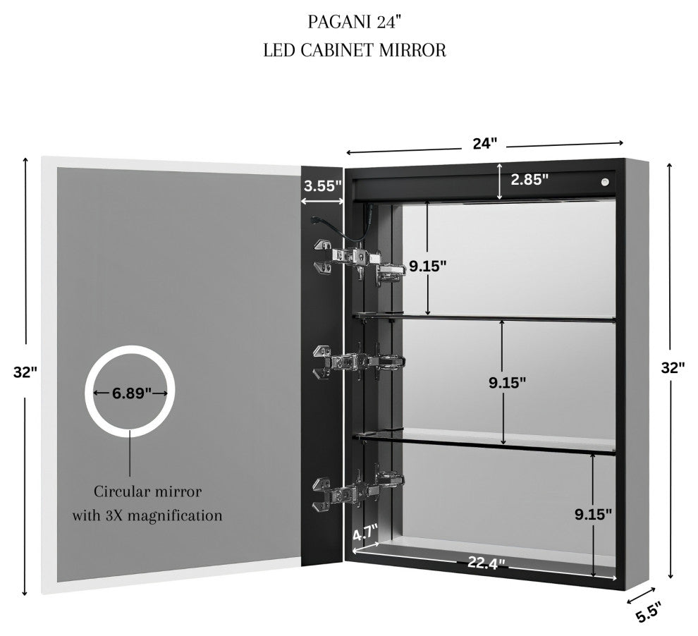 Pagani LED Mirror Cabinet, 24 Inch (Left Hand)