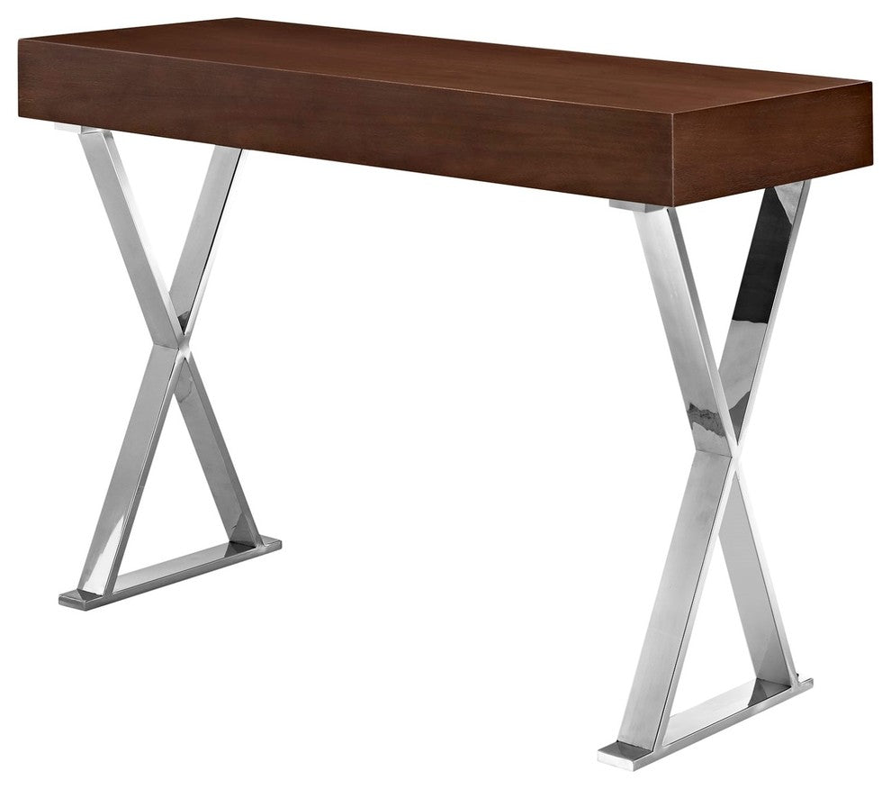 Modern Contemporary Urban Entry Console Table, Brown, Wood Stainless Steel