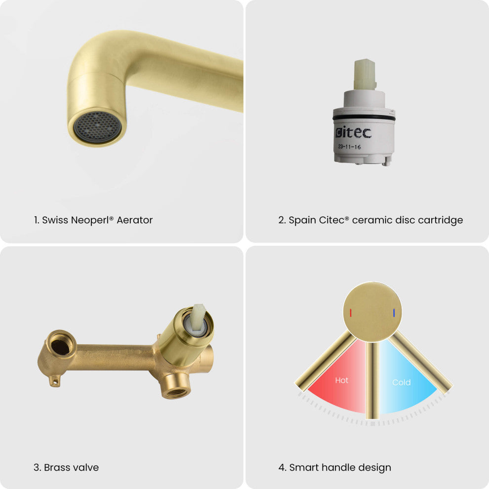 Circular Single Handle Wall Mounted Bathroom Sink Faucet, Brushed Gold