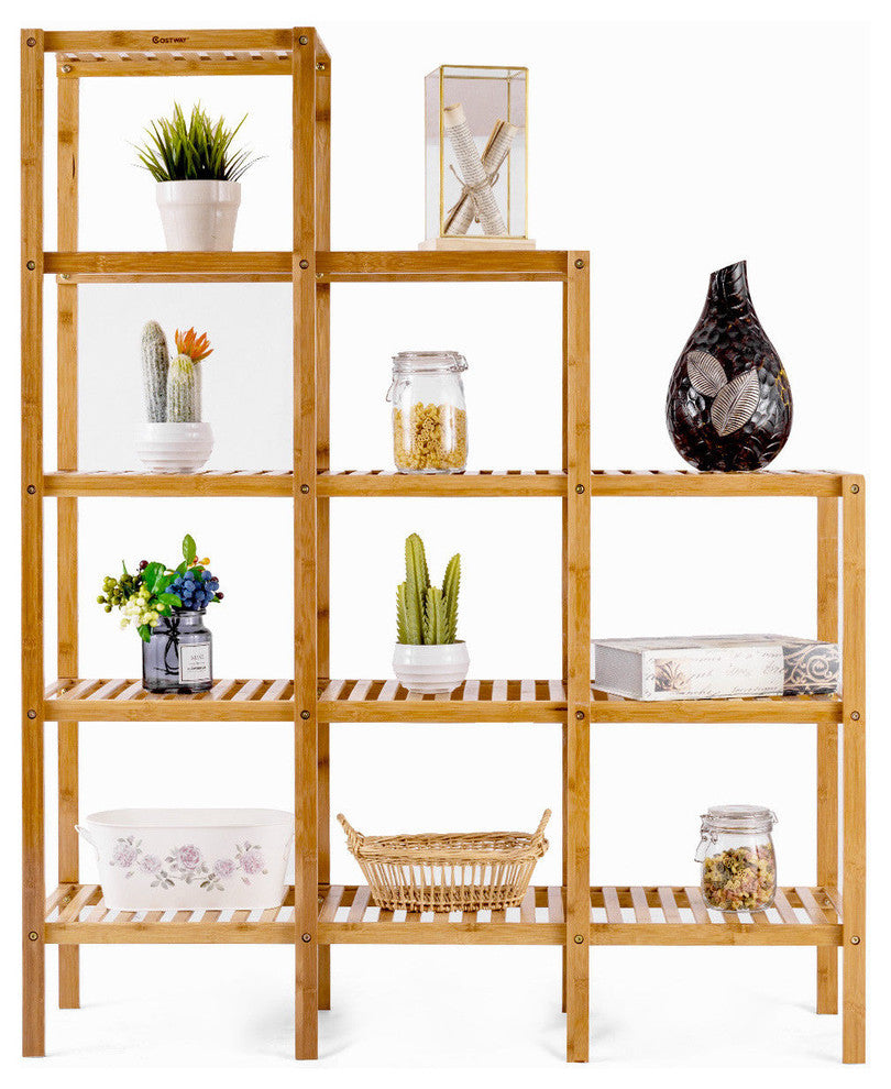Costway Multifunctional Bamboo Shelf Storage Rack 12 Pots Plant Stand