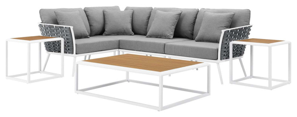 Sectional Sofa Table Set, White Gray, Aluminum, Modern, Outdoor Patio
