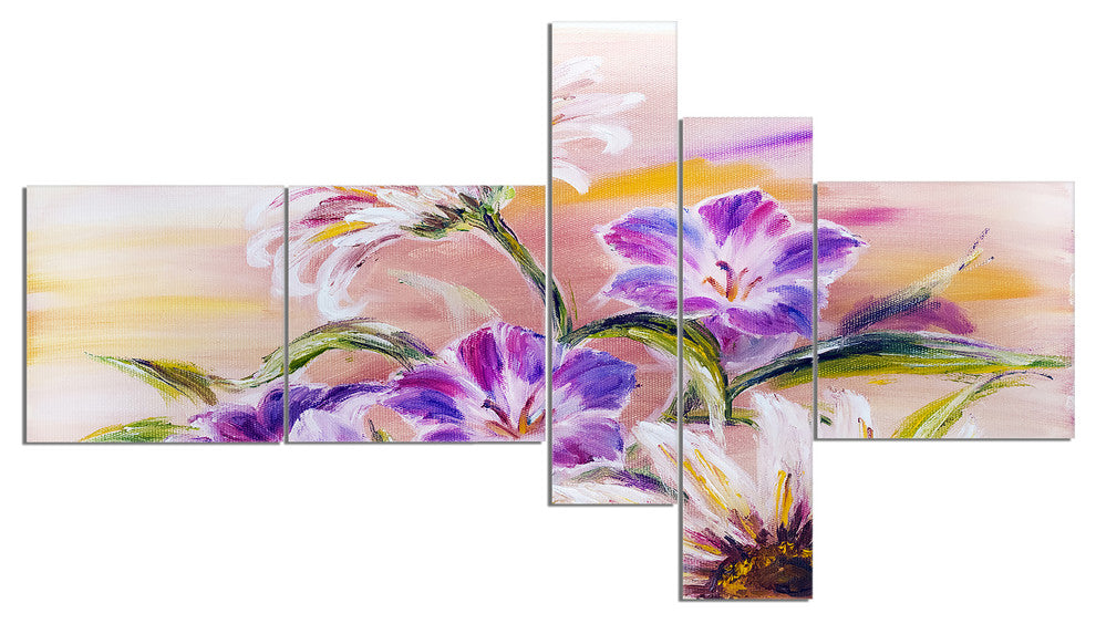 Purple Wildflowers, Floral Art Canvas Print, 60"x32", 5 panels
