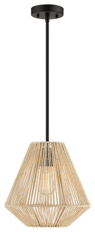 12" W 1-Light Rattan Single Pendant Light With Black Canopy
