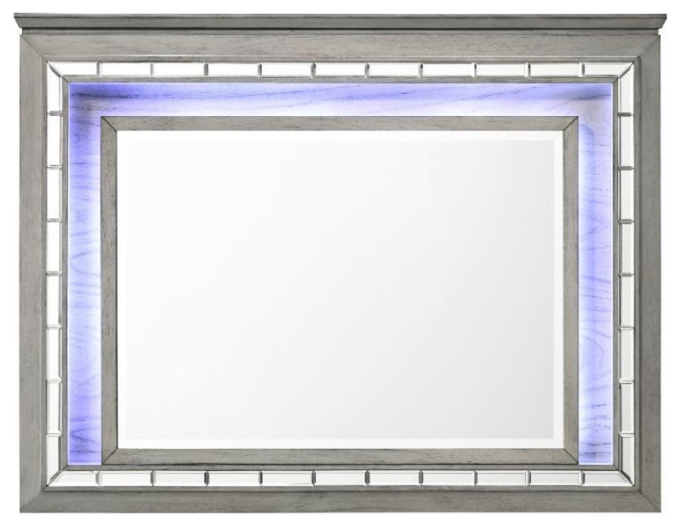Benzara BM275063 48" Wood Mirror, LED, Mirrored Trim, Landscape, Light Gray