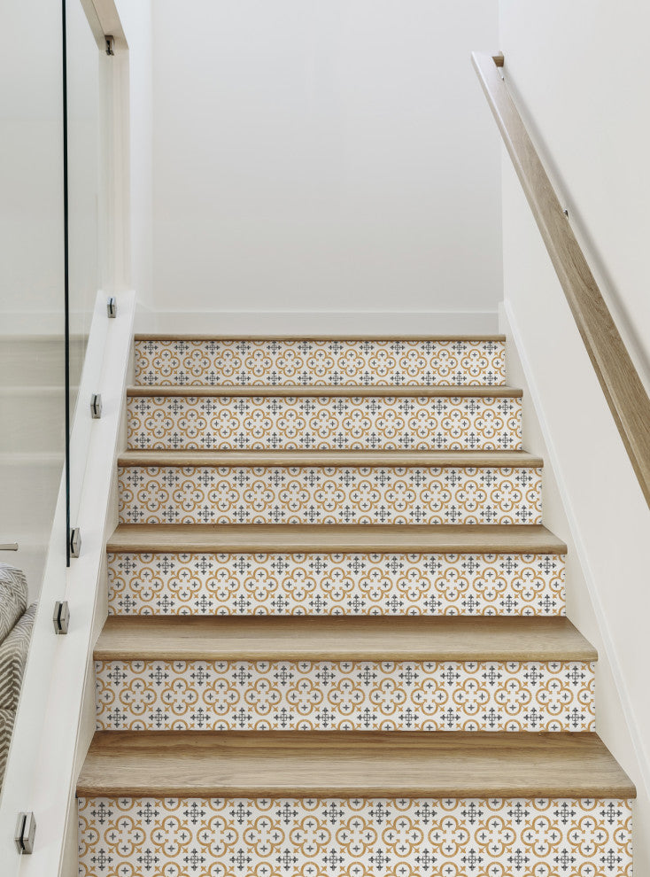 Flower Moroccan Tile Peel and Stick Stair Riser Strips, Mustard, 48"w X 6"h, 6 Pack