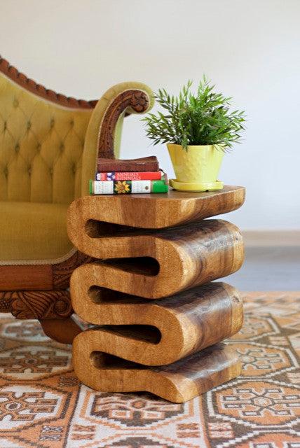 Thai All-Natural Wave Wood End Table in Walnut, 14" X 14" X 20"