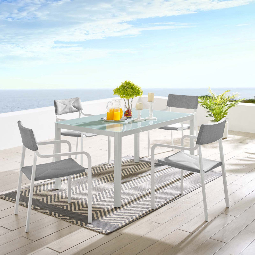 Side Dining Chair and Table Set, Aluminum, Metal, White Gray, Outdoor