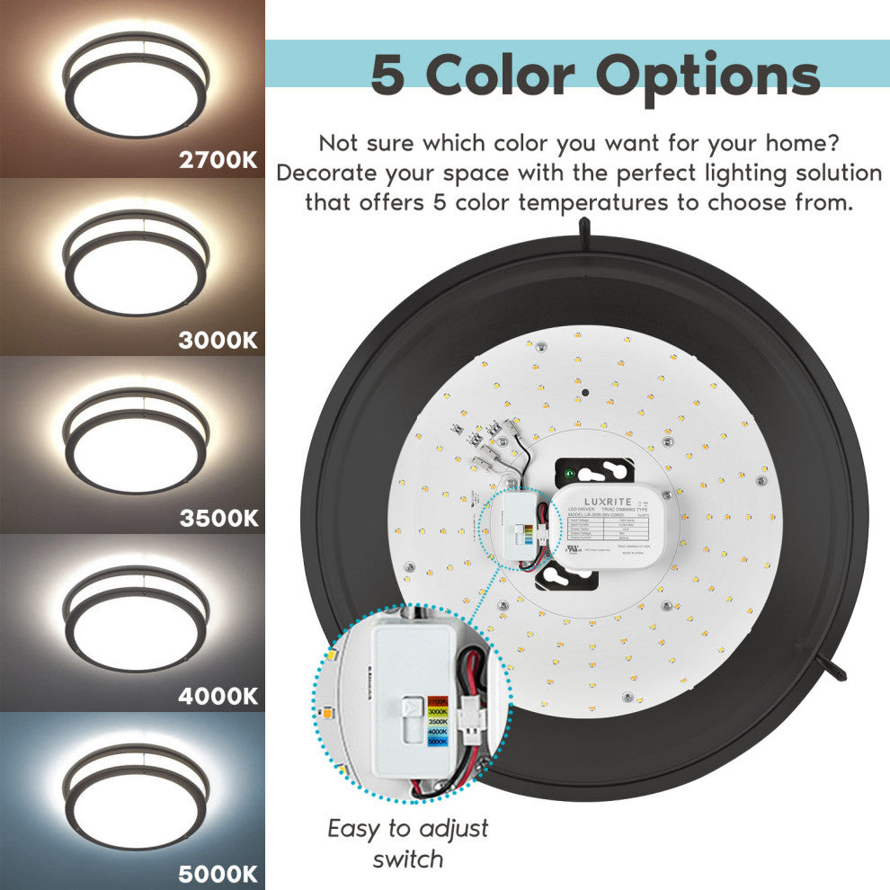 Luxrite 16" LED Flush Mount 5 Color Options 24W 1960lm Matte Black