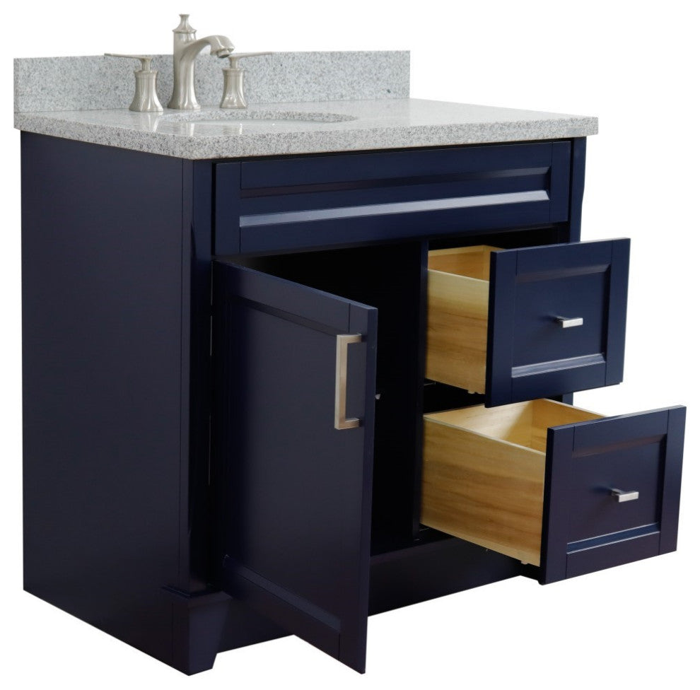 37" Single Sink Vanity, Blue Finish With Gray Granite And Left Door/Left Sink