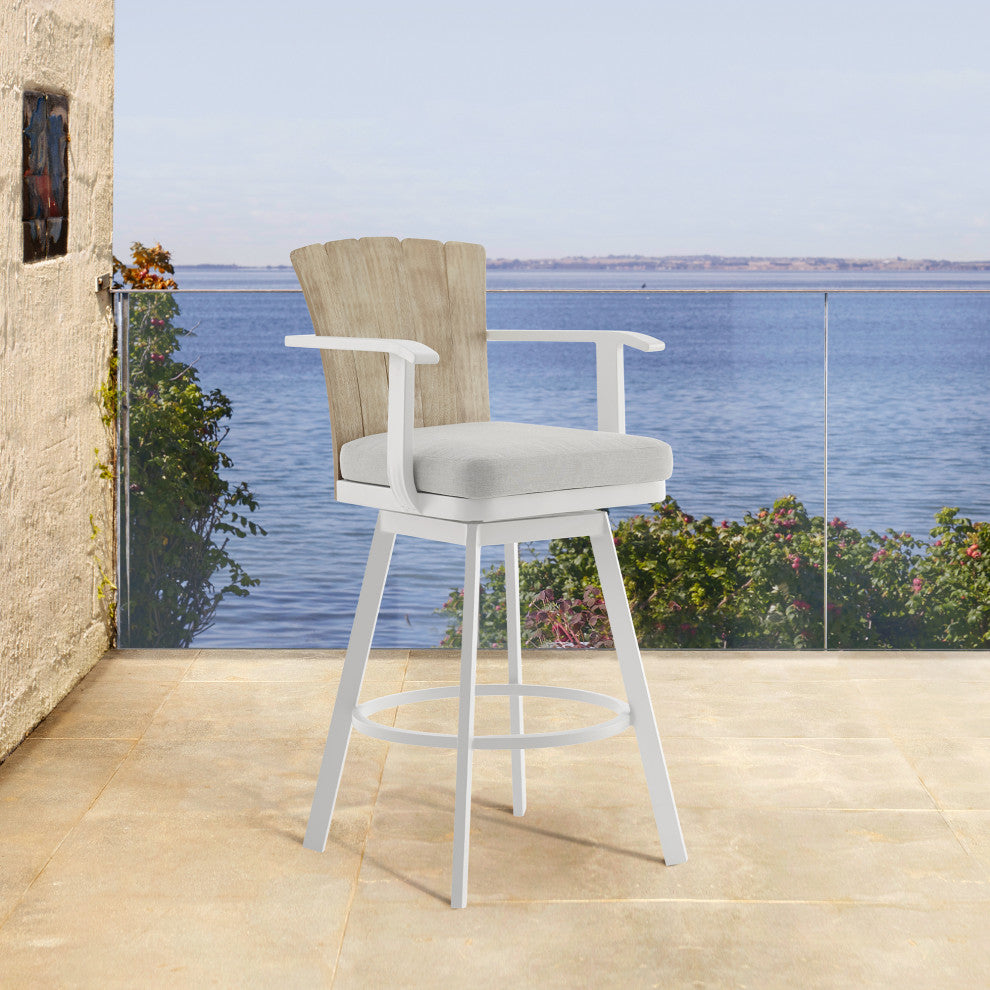 Hazel Outdoor Patio Swivel Counter Stool Aluminum Teak Wood/Argent Gray Cushions