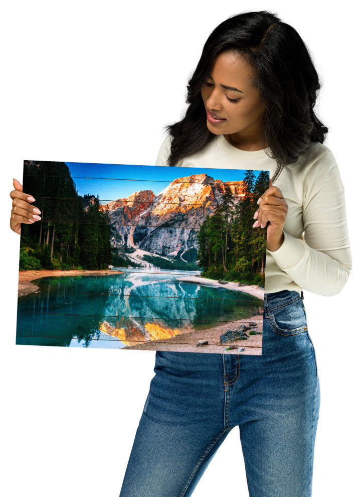 Faux Wood Misty Lake and Snow-cap Mountain Reflections Unframed Wall Art Prints, 12" X 16"