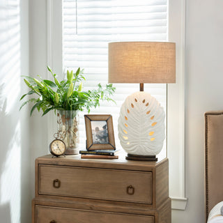 36.5"H White Ceramic Table Lamps With Burlap Oval Shade, Set of 2