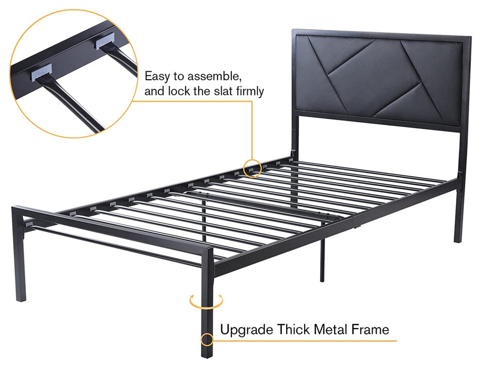Modern Twin Size Metal Bed Frame with Geometric Litchi Grain Leather Headboard