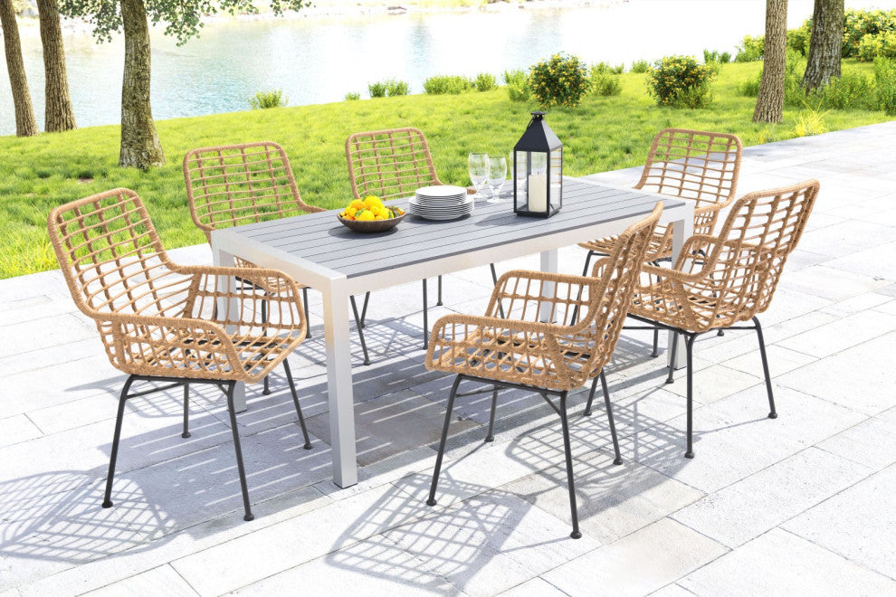Dining Chair, Set of 2, Aluminum, Metal, Natural, Black, Outdoor Patio Balcony