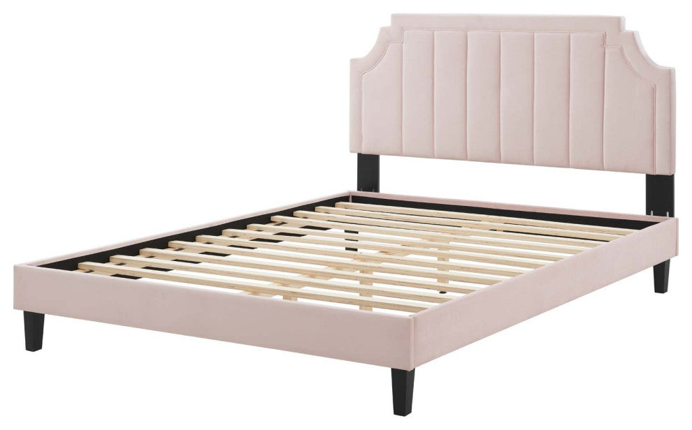 Platform Bed Frame, Twin Size, Velvet, Pink, Modern Contemporary, Bedroom Master