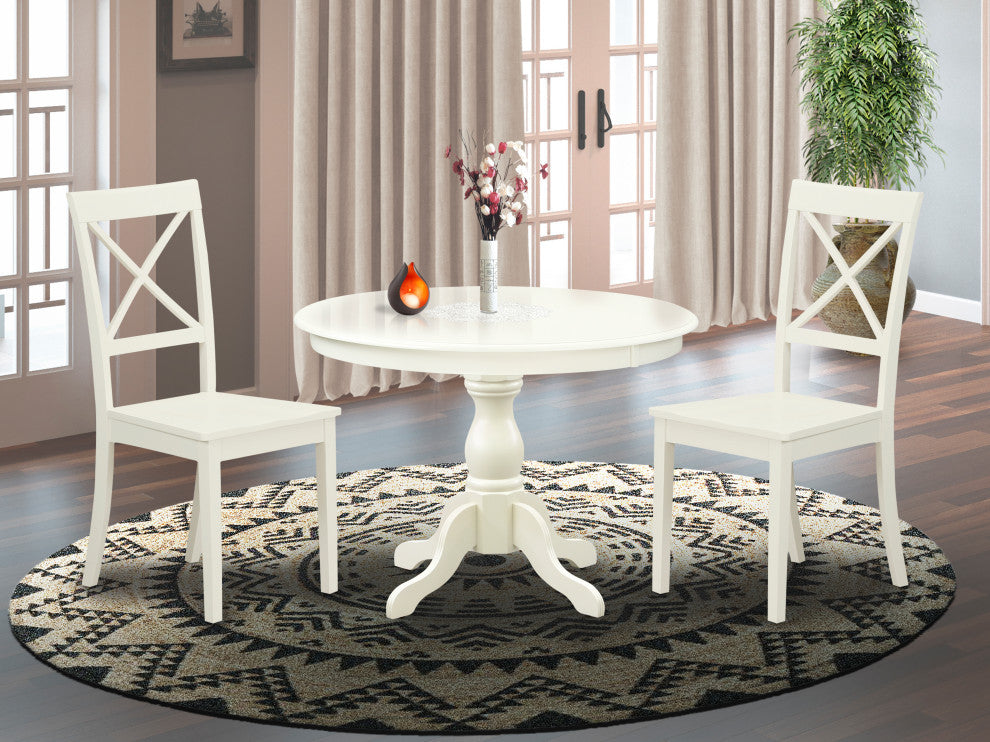 3 Pc Dining Set, Linen White Small Table, 2 Linen White and Chairs, Linen White