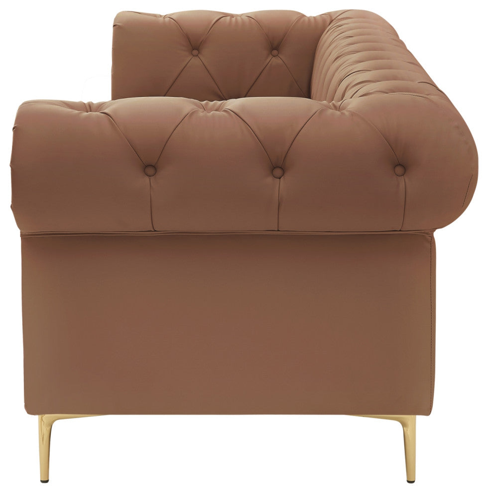 Nicole Miller Geraldine Sofa Button Tufted, 3 Seat, Camel Leather PU