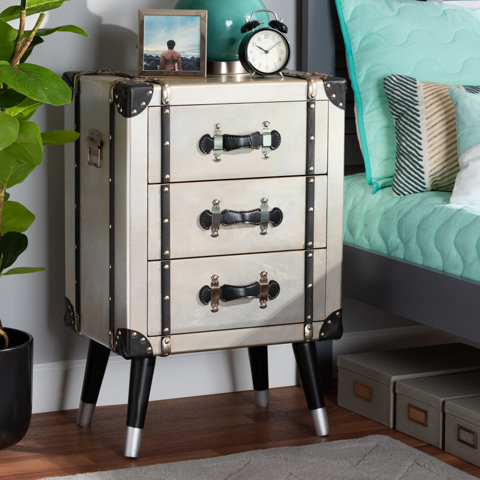 Silven Antique Silver Metal Trunk Inspired 3-Drawer Nightstand