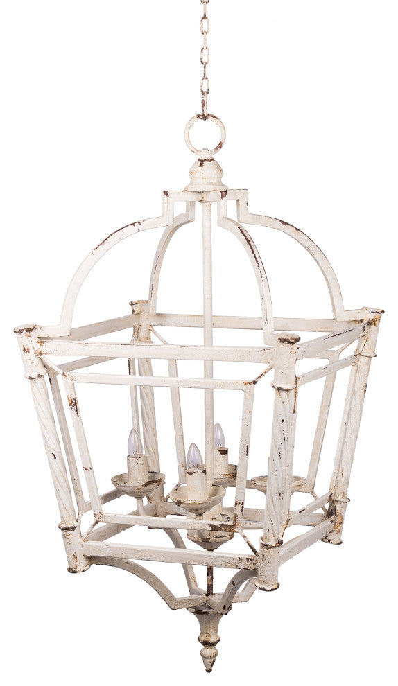 Benzara BM285215 Chandelier, Birdcage Design Iron, Farmhouse Weathered White