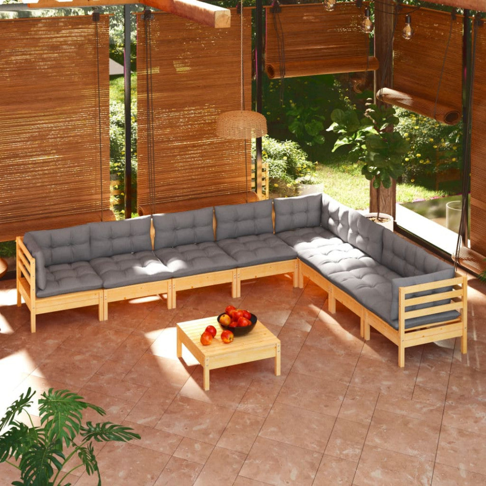 vidaXL Solid Pinewood Patio Lounge Set 9 Piece with Gray Cushions Garden Sofa