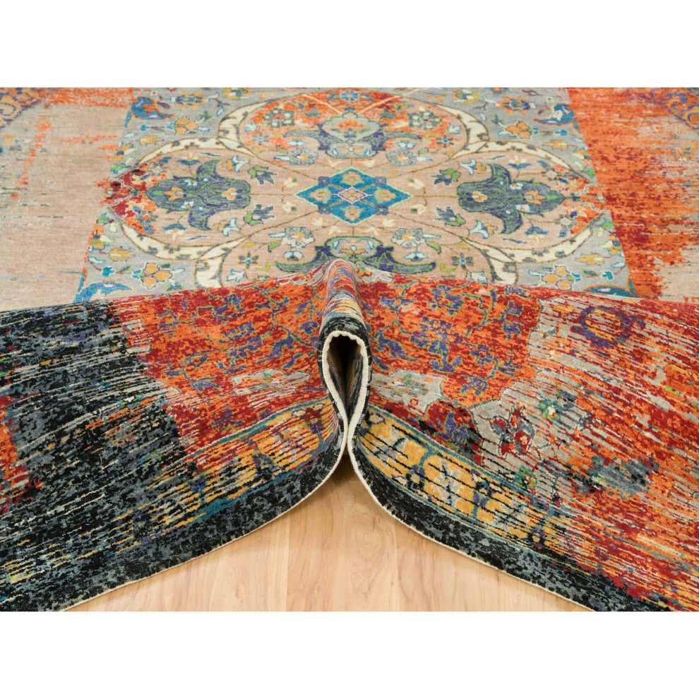 Orange Wool Hand Knotted Ancient Ottoman Erased Design Square Rug 12'1"x12'1"
