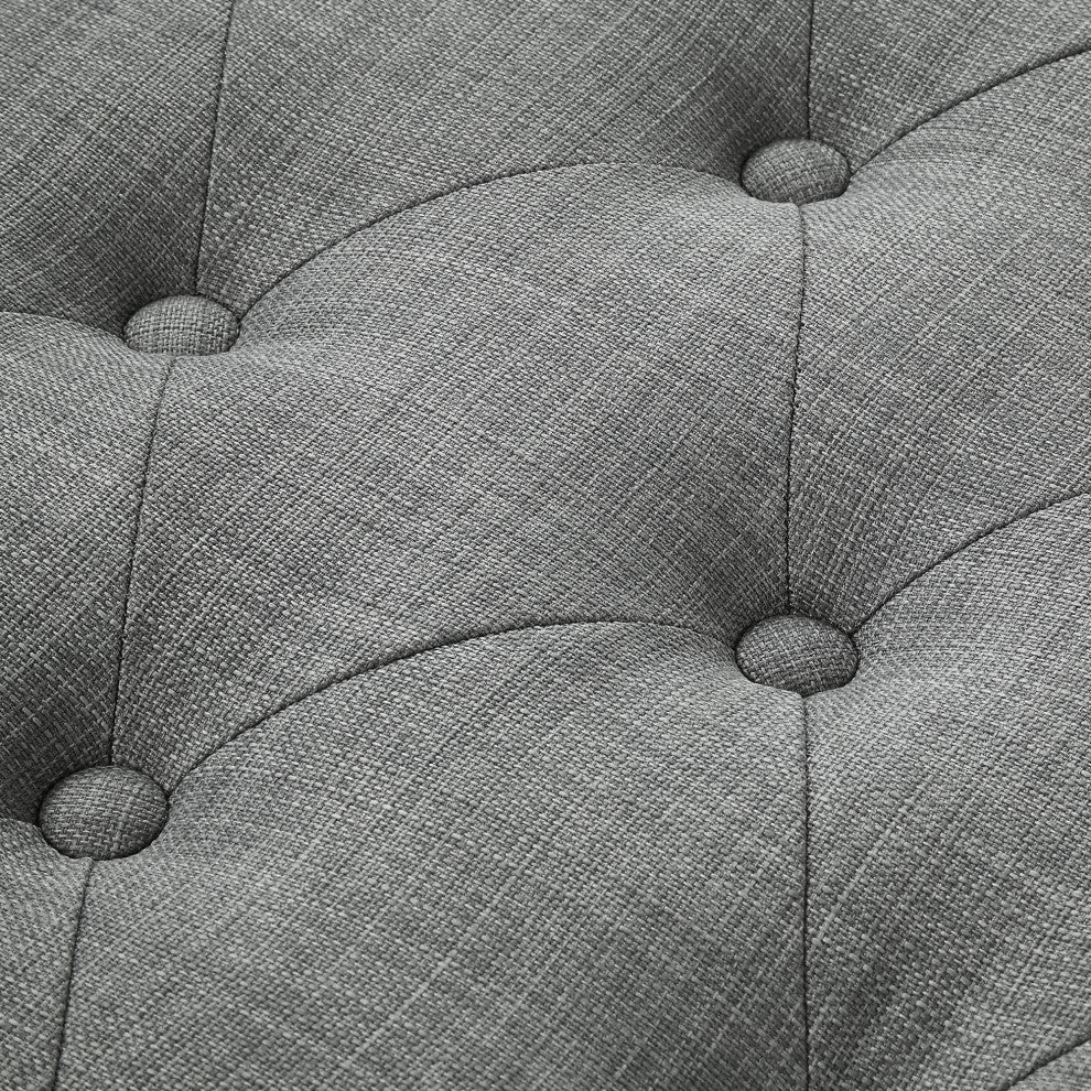 Laura Linen Button Tufted Nailhead Trim Half Moon Storage Ottoman, Light Grey