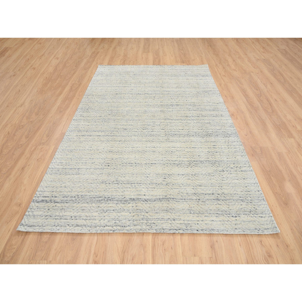 Beige Variegated Textured Modern Design Pure Wool Hand Loomed Rug, 6'1"x9'0"