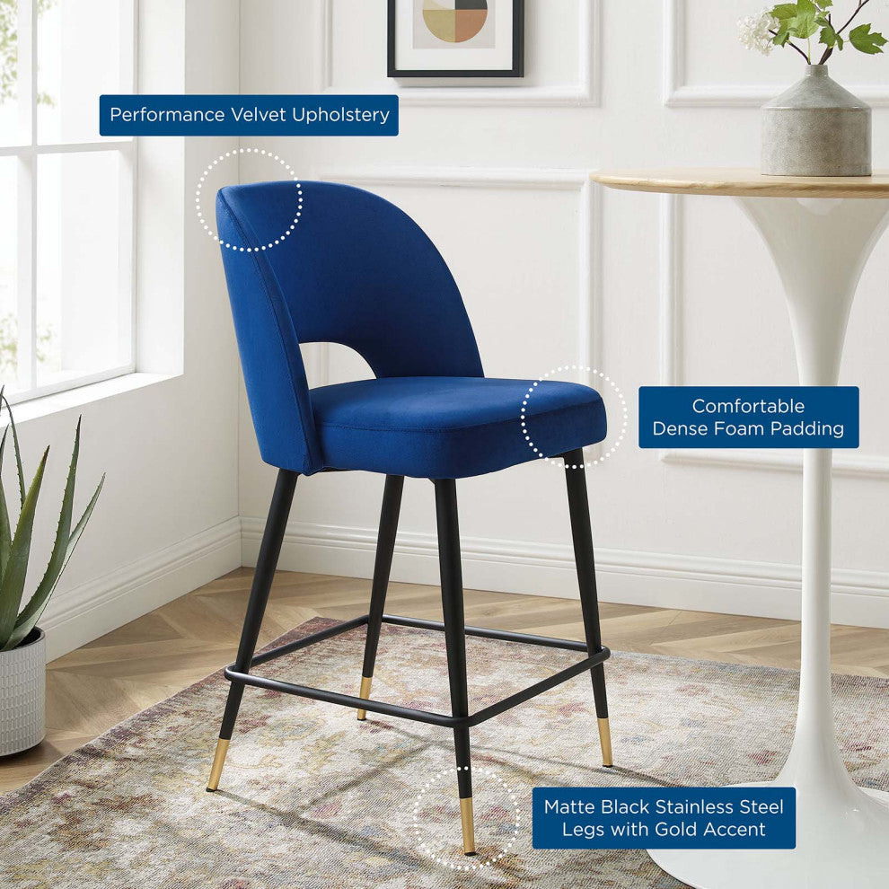 Counter Stool Chair, Velvet, Metal, Blue Navy, Modern, Bar Pub Bistro Restaurant