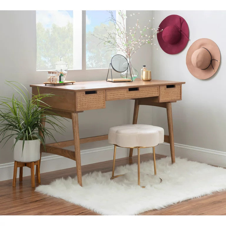 Mid Century Desk, Hardwood Frame & 3 Storage Drawers With Rattan Front, Natural