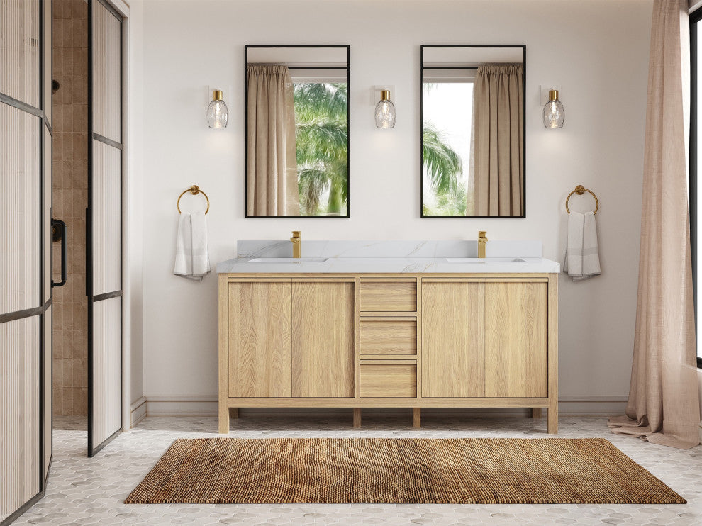 Elizabeth Oak 72" Double Sink Vanity, White 2" Calacatta Sienna
