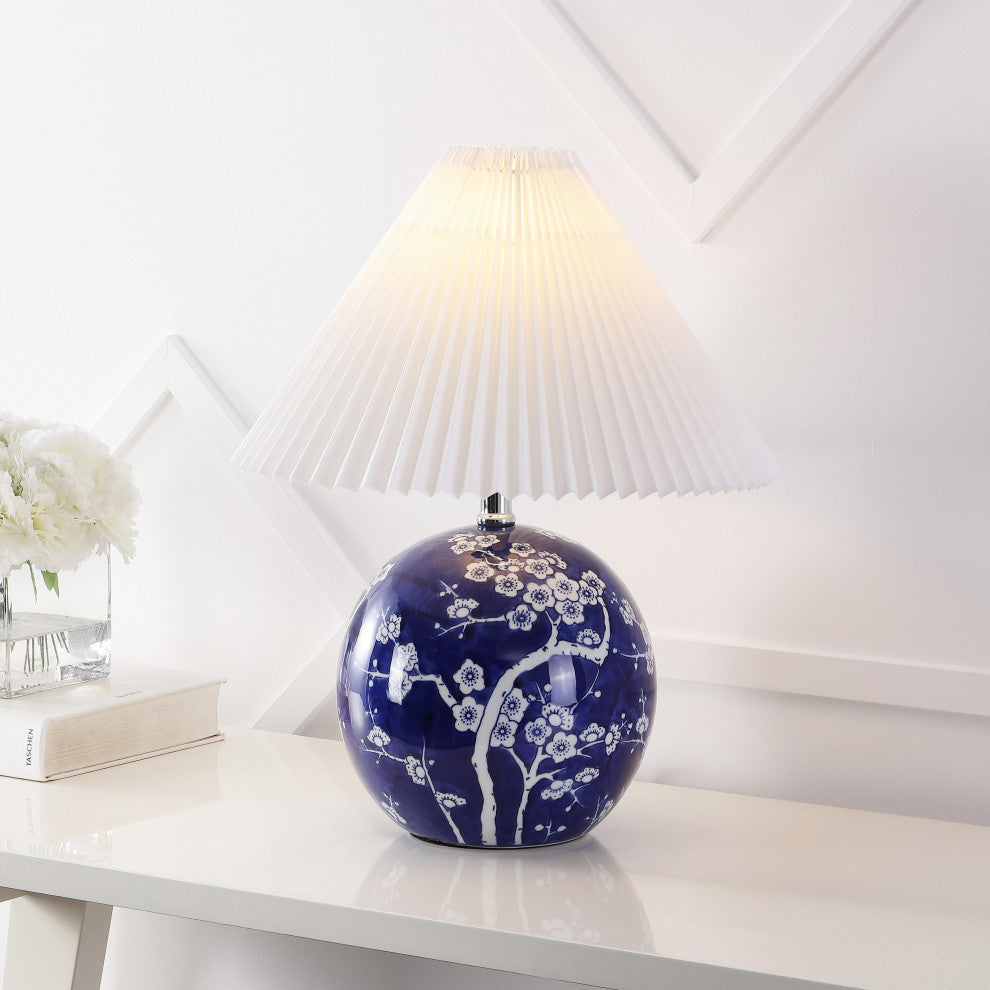 Shishen Cottage Classic Chinoiserie Ceramic Orb LED Table Lamp, Pleated Shade