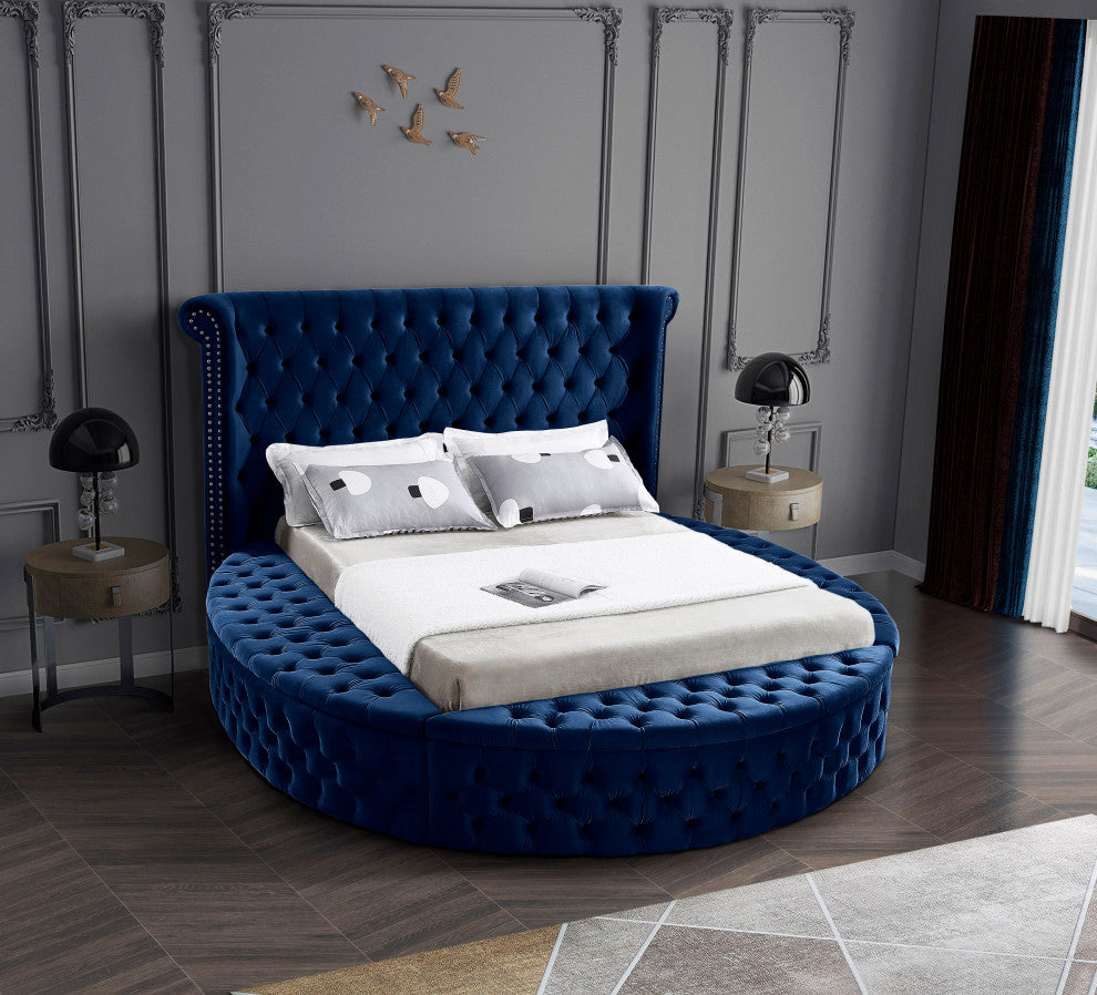 Luxus Button Tufted Velvet Round Bed, Navy, King