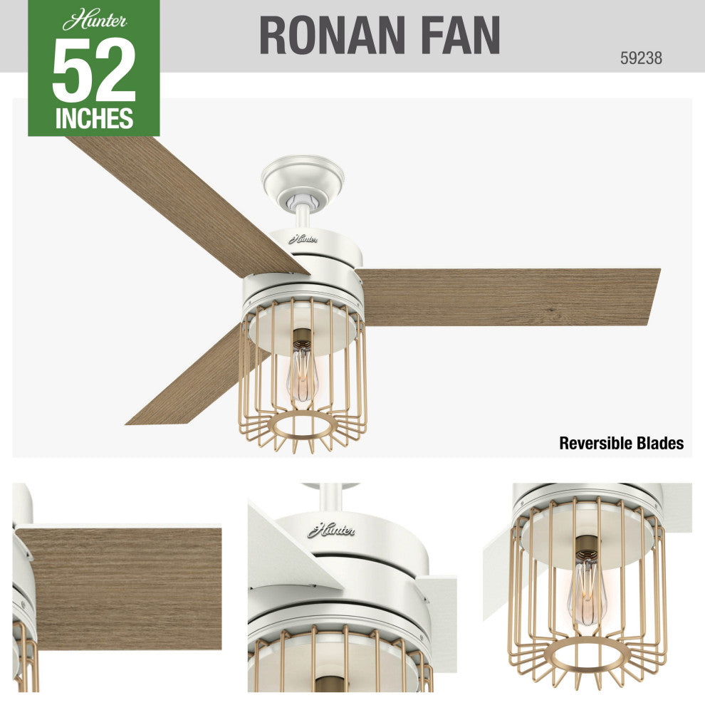 Hunter Fan Company  52" Ronan  Ceiling Fan With Light + Remote, Fresh White