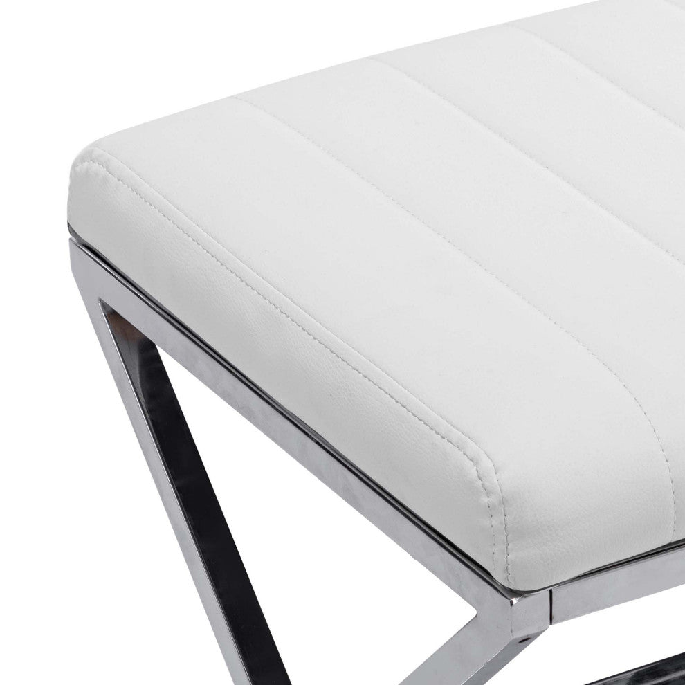 Channel-Tufted Faux Leather X Bench, White