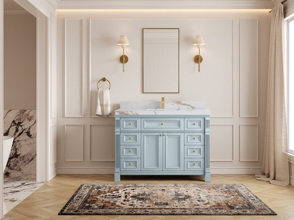 Paris 48" Single Sink Bathroom Vanity, Blue Heather 2" Calacatta Gold