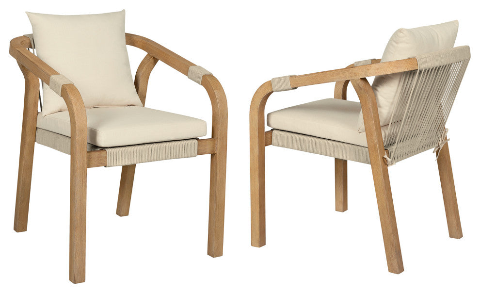 Cypress Outdoor Patio Dining Chair Wood Light Gray Rope Ivory Cushions Set of 2