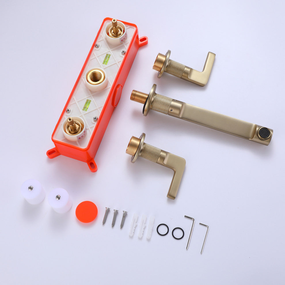 Two Handles Wall Mounted Bathroom Sink Faucet, Solid Brass, Brushed Gold